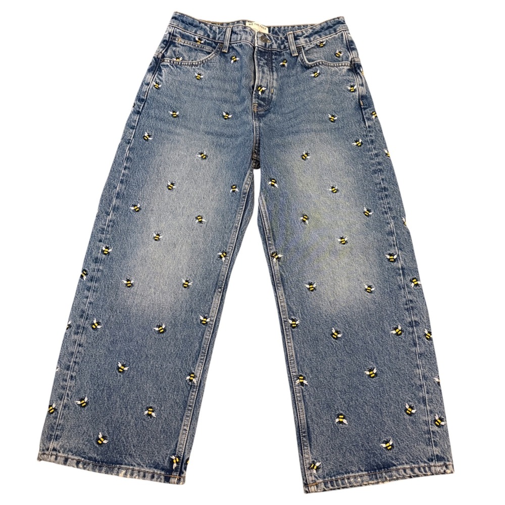 Free People Womens 28 Deep Trance Embroidered Bee Boyfriend Jeans Hippie Boho